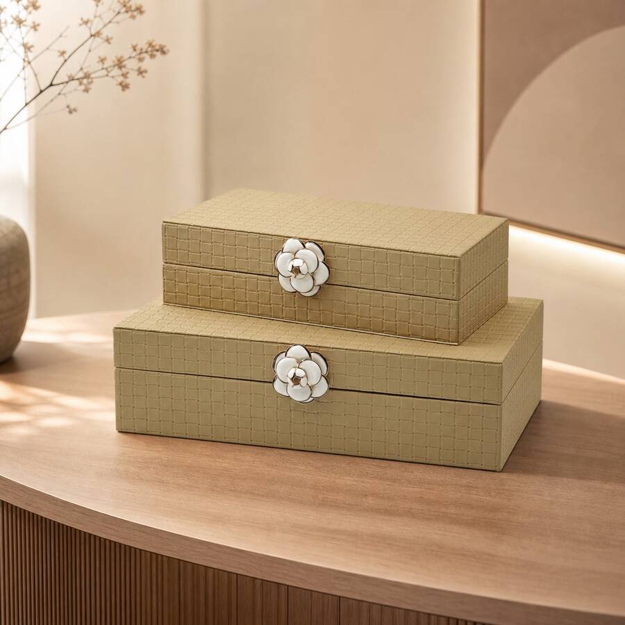 1 Set Kotak Penyimpanan Engsel Tekstur Anyaman Unta, Lapisan Beige, Gesper Dekoratif Berbentuk Bunga, Kotak Perhiasan Kapasitas Besar, Kotak Penyimpanan Perhiasan Rumah Modern, Kotak Perhiasan Hadiah Mewah, Kotak Penyimpanan Kulit Imitasi Elegan - Kuning - View 1
