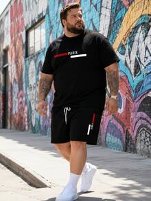 Men's Street Casual Minimalist Series "Colorblock PARIS Plaid" Pattern Sports Set - Polyester Knit Fabric, Crew Neck Design, Drawstring Shorts, Pocket Details, Regular Fit, Suitable For Plus Size - Black - View 1