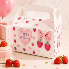 4PCS Strawberry Birthday Party Favor Boxes With Handle, Pink Bow & Heart Paper Gift Boxes, Cute Berry Theme Party Packaging Boxes For Birthday Party Supplies - View 4