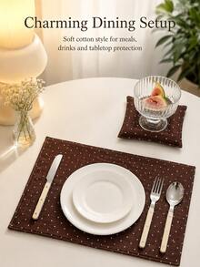 1pc Square Plaid Polka Dot Pure Cotton Thick Heat-Resistant Placemat Coaster Table Mat, Suitable For Coffee Table, Office Desk, Bedroom, Cafe And Daily Home Use - Pink Brown - View 8