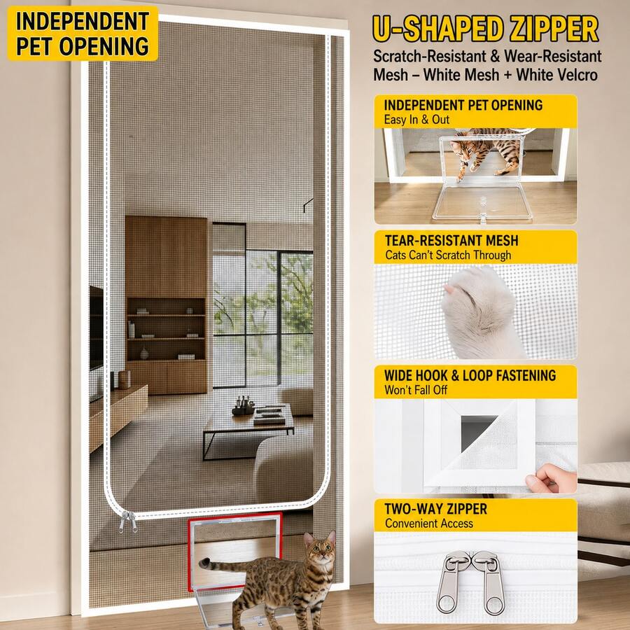 1pc Multi-Size Optional No-Drill Nano Material Upgraded Cat-Proof Door Curtain, Modern Style Black & White Dual Color Rectangular Zipper Design, Ventilated Mosquito Net Cat Barrier, Suitable For Bedroom, Living Room And Home Use
