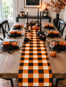 1pc Orange Black & White Buffalo Plaid Table Runner, Classic Halloween Checkered Table Decor, Rectangular Dining Table Runner For Halloween Decorations, Kitchen Decor, Fall Party, Pumpkin Dinner, Home Decor And Seasonal Table Setting - Multicolor - View 2