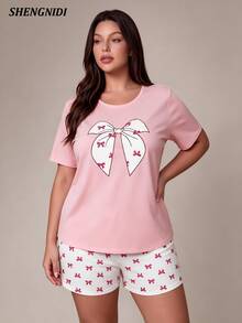 Women's Plus Size Pajama Set Short Sleeve Shorts Loungewear, Spring/Summer - Pink - View 3