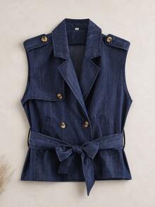 Women's Solid Color Sleeveless Collared Tank Top With Belt Summer - Navy Blue - View 2