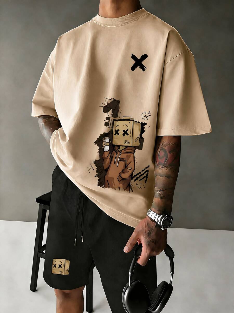 Simple Studio | Conjunto de camiseta de manga corta de cuello redondo casual de verano para hombres y pantalones cortos con cordón en la cintura
