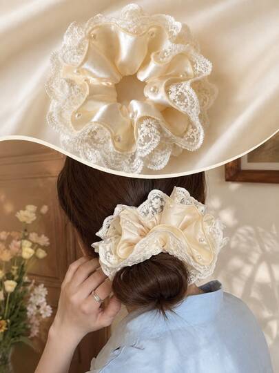 1PC Elegant Beige Satin Lace Pearl Scrunchie, Double-Layer Ruffle Hair Tie For Women, Sweet Romantic Bun & Ponytail Hair Rope Hair Accessory