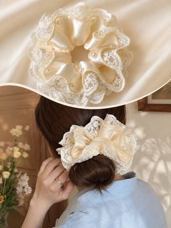 1PC Elegant Beige Satin Lace Pearl Scrunchie, Double-Layer Ruffle Hair Tie For Women, Sweet Romantic Bun & Ponytail Hair Rope Hair Accessory
