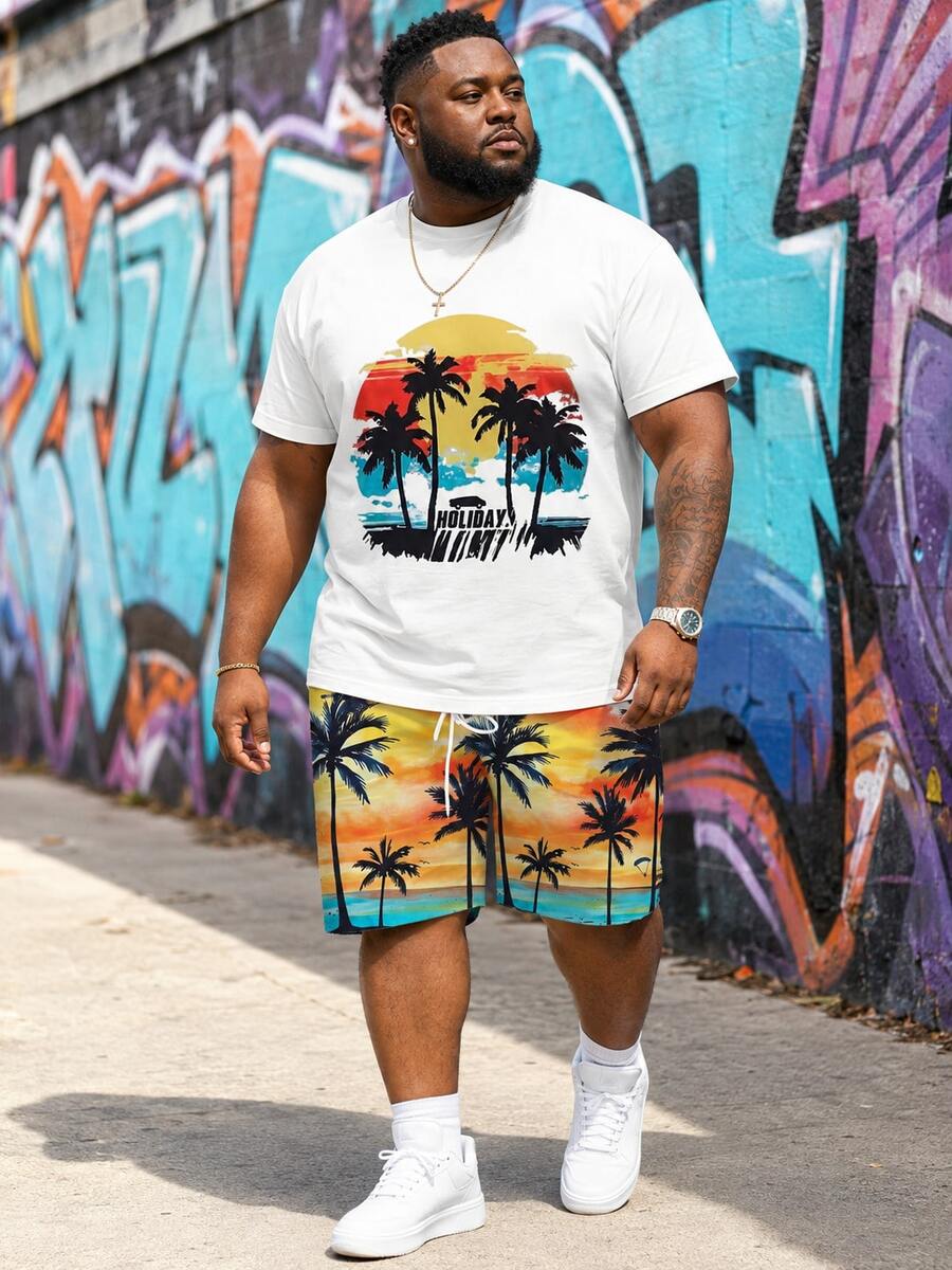 Plus Size Men's Casual Sports Set - "Beach Style Sunset Palm Tree" Pattern Design, Polyester Knit Fabric, Round Neck, Drawstring Shorts, Pockets, Regular Fit, Suitable For Plus Size - Multicolor - View 1
