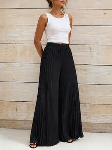 Spring Fall Women Solid Pleated Wide Leg Trousers, Elastic Waist Loose Fit Full‑Length Casual Pants For Daily Outfits Black - Black - View 1