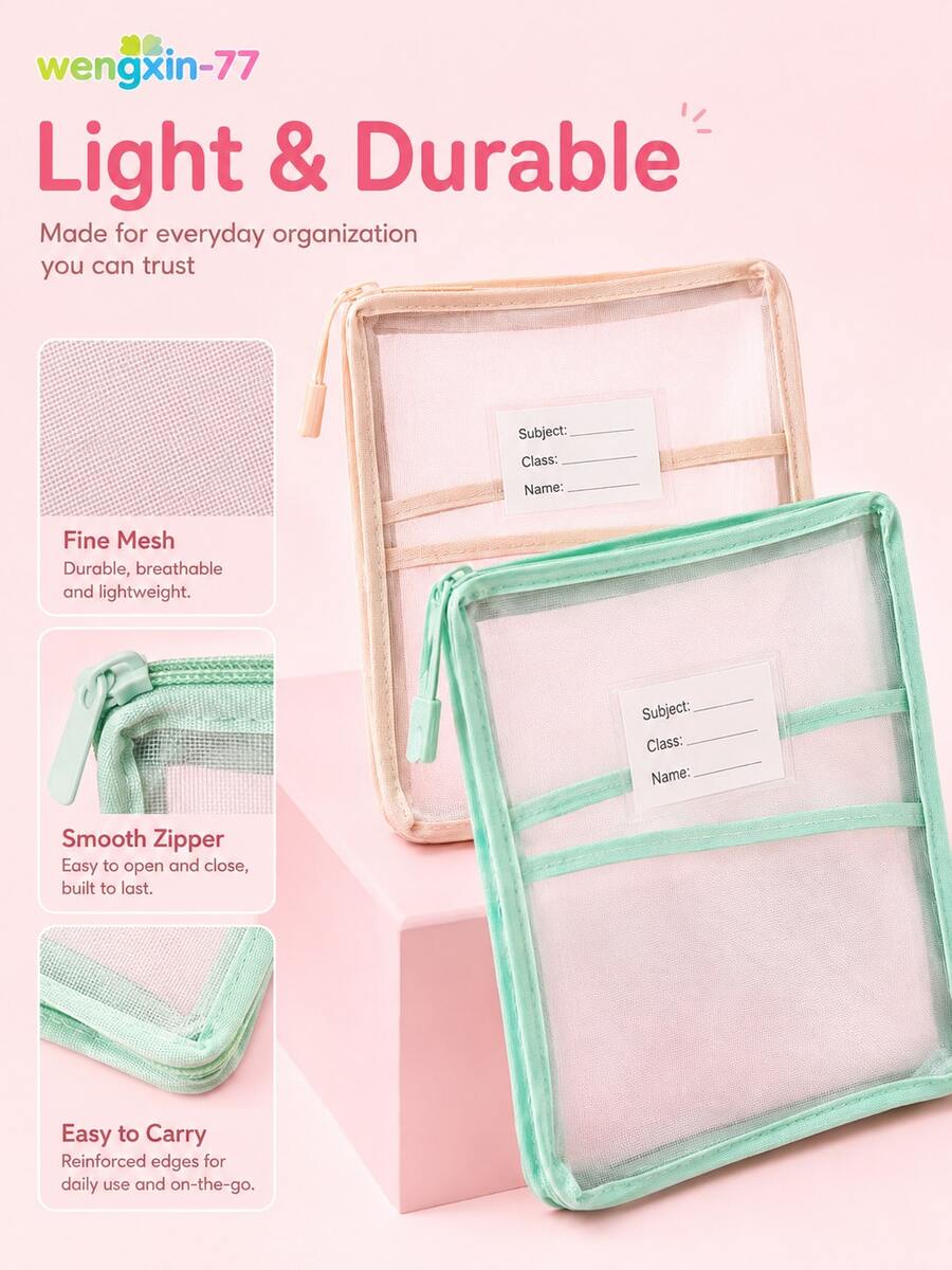 1pc L-Shaped Large Opening A4 Mesh Subject File Bag, 3-Layer Thickened Expanded Document Storage Bag With Name Label, Large Capacity Student Assignment Organizer Bag, School Supplies - Multiple Styles - View 1