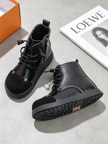 1 Pair Kids' Retro Patchwork Upper Ankle Boots With Convenient Side Zipper, Suitable For Casual Street Style, Daily Outings, School Commute, Autumn/Winter - Black - View 2