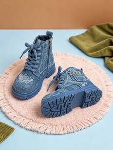 1 Pair Kids Pocket Decor Lace-Up Ankle Boots With Side Zipper Easy On/Off Style, Suitable For Holiday Outings, Light Outdoor Wear, School Commute, All-Season Versatile - Blue - View 8