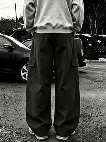 Spring/Autumn Men's Wide Leg Cargo Pants, Multi-Pocket Design, Loose Drape Straight Leg Long Pants, American Street Casual Trousers - Black - View 2