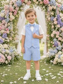年輕男孩新款夏季兒童表演禮服套裝，婚禮/環節男童服裝，3件套背心褲裝領帶 - 藍色 - 查看 4
