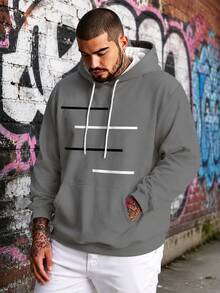 Plus Size Men's Minimalist Abstract Horizontal Line Geometric Print Grey Sweatshirt, Casual Loose Fit With Kangaroo Pocket And Drawstring, Pullover Sweatshirt, American Streetwear Style, Versatile Long Sleeve Sweatshirt For Daily Commute And Casual Wear - Grey - View 1