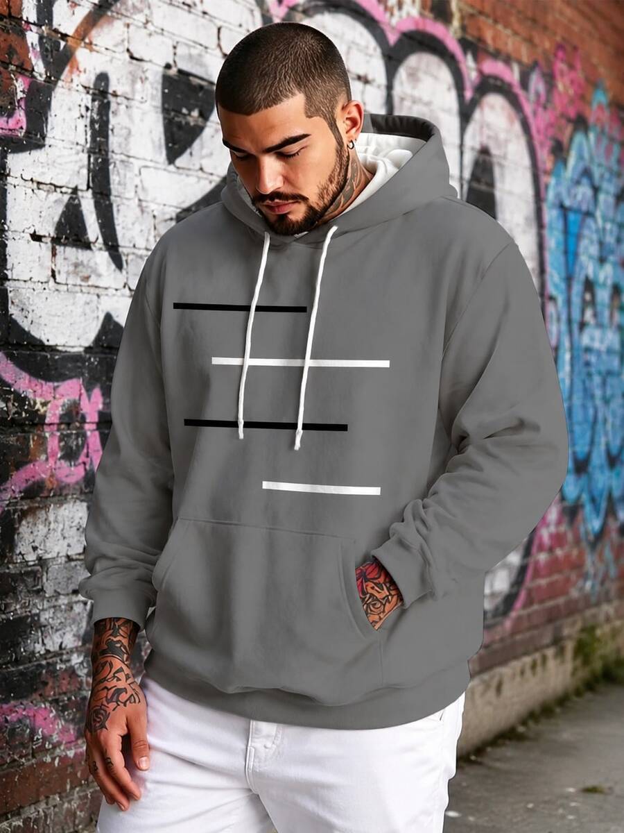Plus Size Men's Minimalist Abstract Horizontal Line Geometric Print Grey Sweatshirt, Casual Loose Fit With Kangaroo Pocket And Drawstring, Pullover Sweatshirt, American Streetwear Style, Versatile Long Sleeve Sweatshirt For Daily Commute And Casual Wear - Grey - View 1