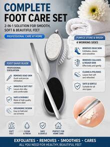 2pcs Professional Foot Care Set, 4-Sided Pumice Foot Scrub Brush & Stainless Steel Foot Scraper, Dead Skin & Callus Removal Foot Beauty Tool Set, Home Foot SPA - Multicolor - View 1