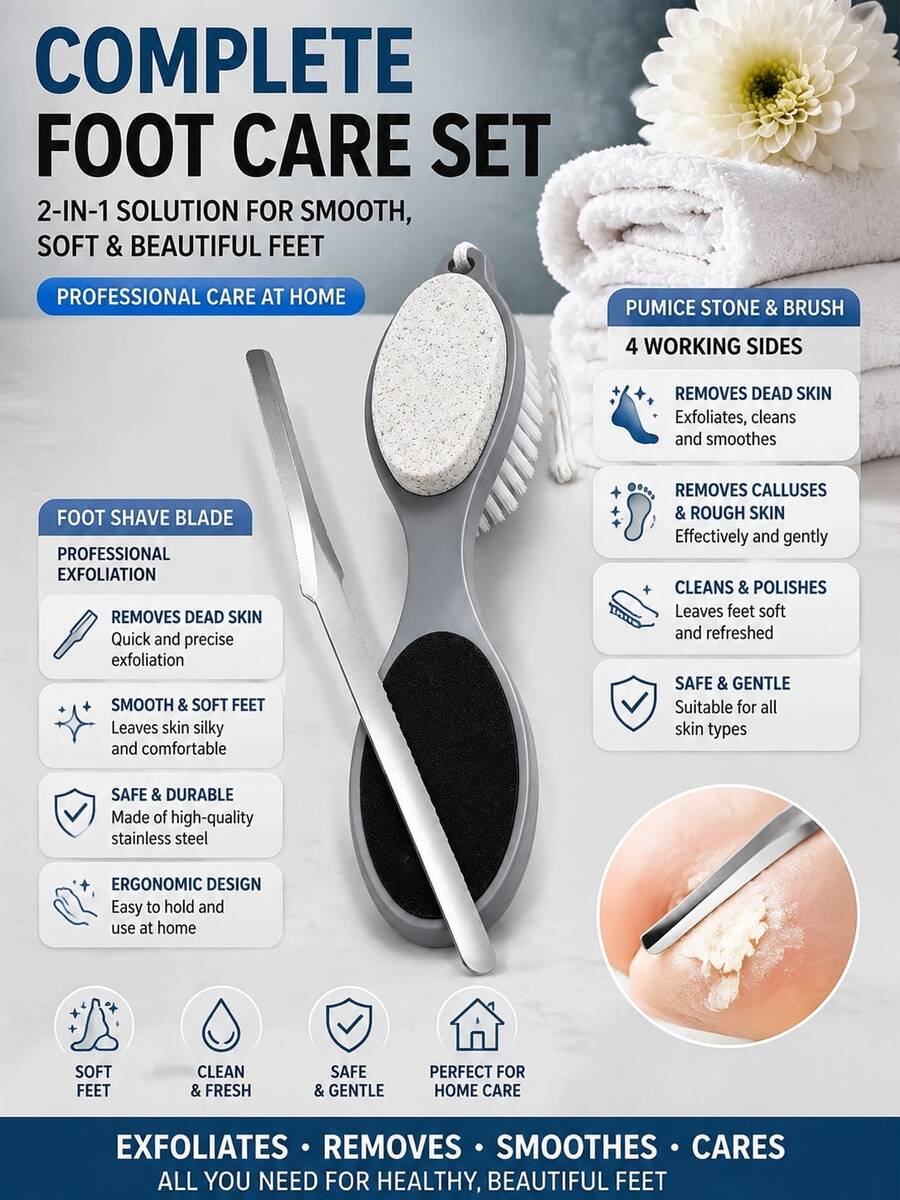 2pcs Professional Foot Care Set, 4-Sided Pumice Foot Scrub Brush & Stainless Steel Foot Scraper, Dead Skin & Callus Removal Foot Beauty Tool Set, Home Foot SPA - Multicolor - View 1