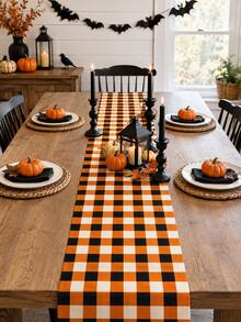 1pc Orange Black & White Buffalo Plaid Table Runner, Classic Halloween Checkered Table Decor, Rectangular Dining Table Runner For Halloween Decorations, Kitchen Decor, Fall Party, Pumpkin Dinner, Home Decor And Seasonal Table Setting - Multicolor - View 1