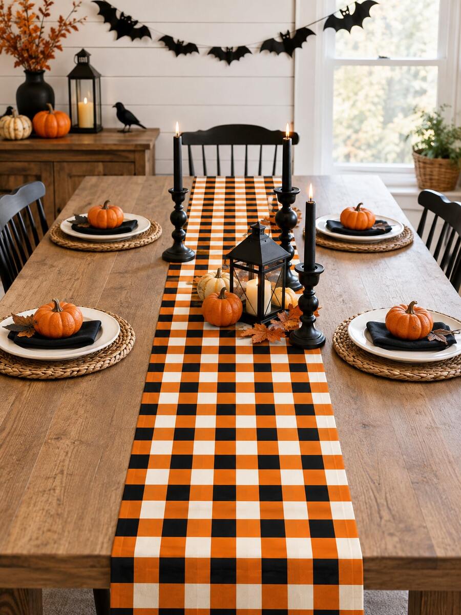 1pc Orange Black & White Buffalo Plaid Table Runner, Classic Halloween Checkered Table Decor, Rectangular Dining Table Runner For Halloween Decorations, Kitchen Decor, Fall Party, Pumpkin Dinner, Home Decor And Seasonal Table Setting - Multicolor - View 1