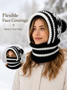 Winter Warm Knitted Hooded Scarf With Ear Protection Design, Unisex Full Coverage, Snowflake Pattern, Pom Pom Decor, Suitable For Outdoor Walking, Commuting, Travel, Skiing, Hiking And Cold Weather Daily Wear - One Size Fits All - View 4