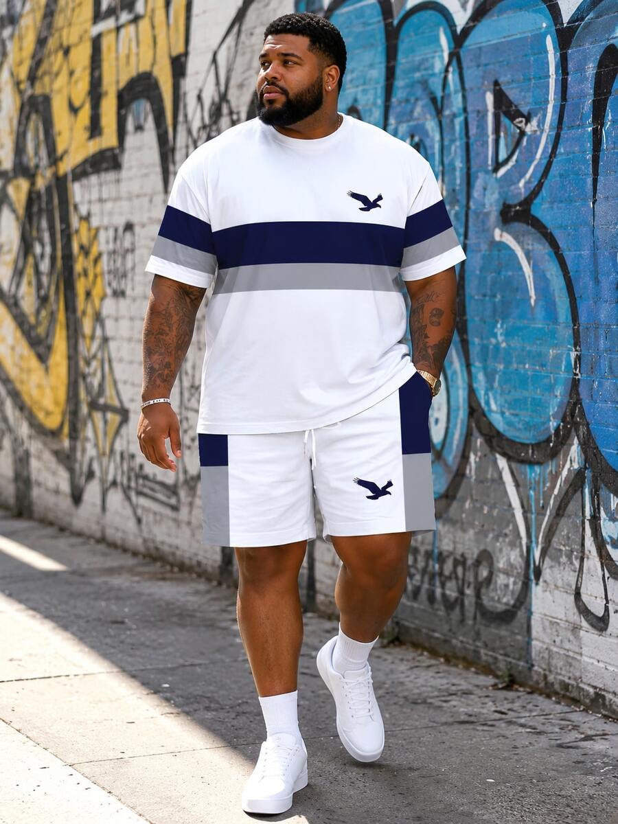 Men's Street Casual Minimalist Series "Color Block Stripes With Soaring Eagle" Pattern Sports Set - Polyester Knit Fabric, Round Neck Design, Drawstring Shorts, Pocket Details, Regular Fit, Suitable For Plus Size - White - View 1