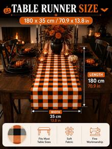 1pc Orange Black & White Buffalo Plaid Table Runner, Classic Halloween Checkered Table Decor, Rectangular Dining Table Runner For Halloween Decorations, Kitchen Decor, Fall Party, Pumpkin Dinner, Home Decor And Seasonal Table Setting - Multicolor - View 9