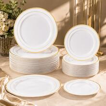 50/25/10Pcs 10.25" & 7.5" White Gold Double Rim Round Plates, Dinner Plates & Food Serving Trays, Unbreakable Lightweight Tableware Set For Catering Events Parties, Adults Kids Family, Gold Trim Dinnerware For Labor Day Autumn Celebrations - White - View 2
