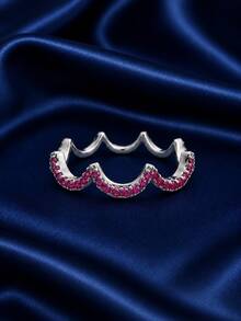 1pc Exquisite Wave Full Zirconia Inlaid Ring, Women's Light Luxury Niche Design, Commute Versatile Index Finger Ring, Delicate Versatile Finger Ring - Ring-rose Red - View 2
