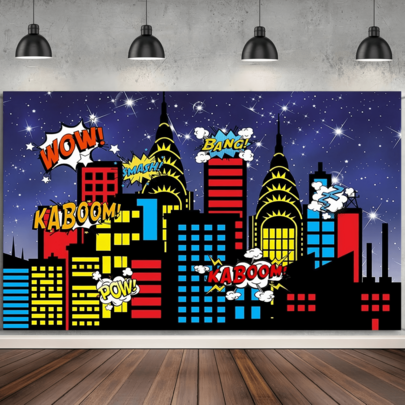 1pc Superhero City Background Boy Birthday Banner, City Night Sky Sparkling Starry Sky Bustling City Building Background, Explosion Skyscraper Portrait Studio Prop