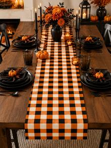 1pc Orange Black & White Buffalo Plaid Table Runner, Classic Halloween Checkered Table Decor, Rectangular Dining Table Runner For Halloween Decorations, Kitchen Decor, Fall Party, Pumpkin Dinner, Home Decor And Seasonal Table Setting - Multicolor - View 7