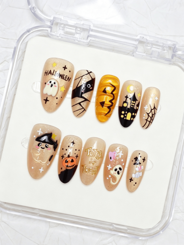 10pcs Handmade Almond Shaped Nail Tips, DIY Acrylic Press-On Nails, Medium Size, Pink Cat Eye Polka Dot Cross Pumpkin Spider Web Cute Ghost Candy Y2K Autumn Nail Art, Halloween Nail Art, Holiday Outfit Gift, Nail Supplies