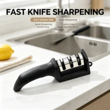 Upgraded 3-Stage Home Knife Sharpener - 3-Level Sharpening Slots (Coarse/Fine/Polishing), Compatible With Kitchen Knives, Fruit Knives, Scissors, Non-Slip Stable Design + Comfortable Grip, Black/Red, Kitchen Essential - Black - View 9