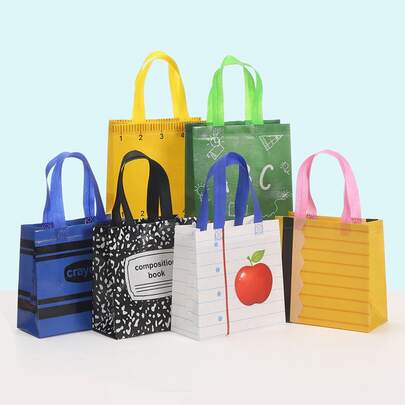1/12/36pcs Party Gift Bags, Non-Woven Fabric Material, School Campus Theme Tote Bags, Stationery Pattern Tote Bags, Printed Gift Bags, Non-Woven Gift Bags, Foldable Shopping Bags, Suitable For Celebrations And Birthday Parties, Back To School Season Gifts, Club Shopping Bags, Theme Party Packaging Supplies, Party Packaging Supplies, Student Classmate Teacher Gifts - Foldable Shopping Bags And Party Bags, Waterproof, With Handles, Reinforced Bottom, (Random Style)