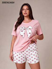 Women's Plus Size Pajama Set Short Sleeve Shorts Loungewear, Spring/Summer - Pink - View 5