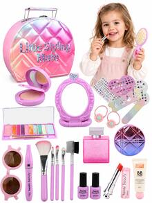 1 Set Little Girl Dress-Up Makeup Toy Set, Princess Gradient PU Grid Handbag, 24pcs Simulated Makeup Set, Girls Stage Performance Role Play Toy, Suitable For 3-6 Years Old Girls, Includes Comb, Glasses, Lipstick, Perfume, Mirror, Etc., Christmas Birthday Gift, Not Real Makeup - Jewelry Set - View 2