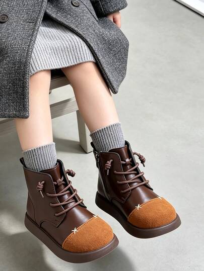 1 Pair Kids Vintage Patchwork Upper Short Boots With Convenient Side Zipper, Suitable For Casual Street Style, Daily Outings, School Commute, Autumn/Winter