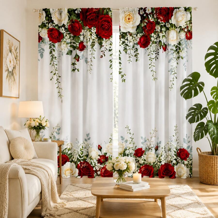 2PCS Elegant Red Rose Print Sheer Curtains, 90GSM Polyester For Privacy Protection. Simple Rod Pocket Setup, Quick-Dry, Fade-Proof After Washing, Lightweight And Detachable Washable. Fits Home, Room, Kitchen For Decor & Space Division.