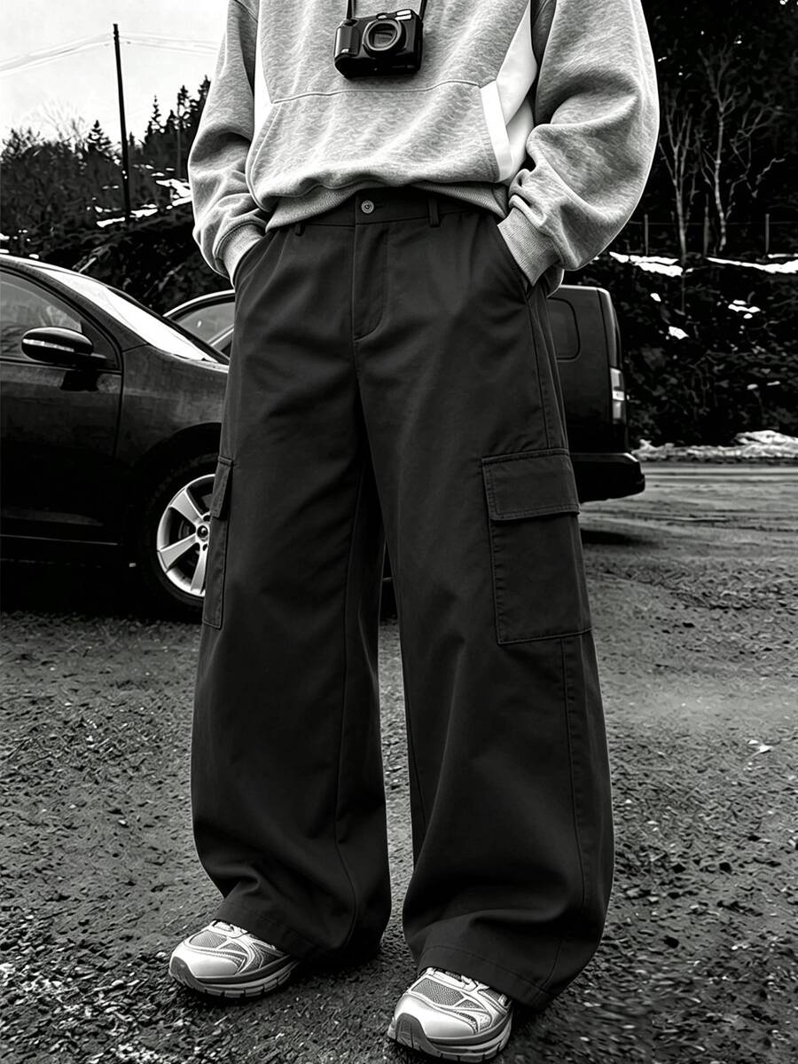 Spring/Autumn Men's Wide Leg Cargo Pants, Multi-Pocket Design, Loose Drape Straight Leg Long Pants, American Street Casual Trousers - Black - View 1