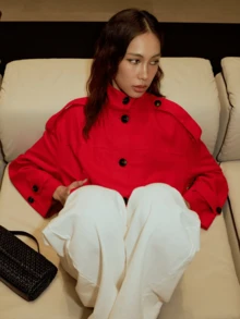 2026 Autumn Fashion Red Linen Stand Collar Short Jacket For Women, Front Button Design With Pockets, Suitable For Winter Wear - Red - View 2