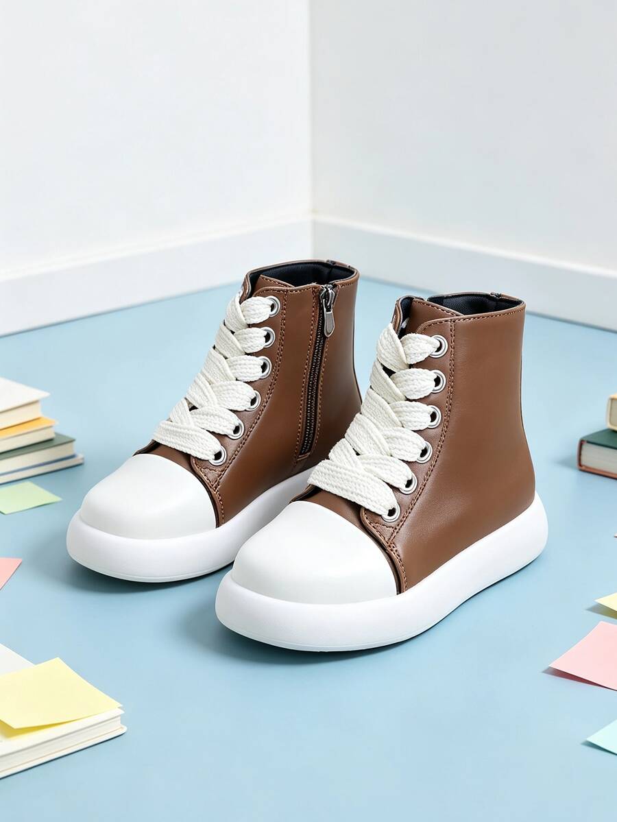 1 Pair Children's Colorblock Thick Strap High-Top Ankle Boots With Side ...