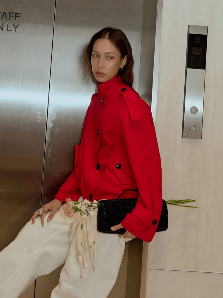 2026 Autumn Fashion Red Linen Stand Collar Short Jacket For Women, Front Button Design With Pockets, Suitable For Winter Wear - Red - View 5