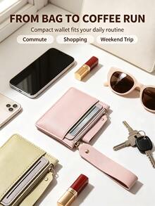 Women Slim Mini Card Wallet Multi Card Slots Zipper Coin Purse Portable Hand Strap Small Leather Purse For Daily Travel - Multicolor - View 6