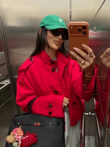 2026 Autumn Fashion Red Linen Stand Collar Short Jacket For Women, Front Button Design With Pockets, Suitable For Winter Wear - Red - View 10