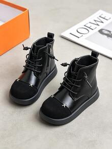 1 Pair Kids' Retro Patchwork Upper Ankle Boots With Convenient Side Zipper, Suitable For Casual Street Style, Daily Outings, School Commute, Autumn/Winter - Black - View 7