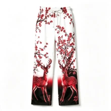 Artistic Graphic Plum Blossom Deer All-Over Print Wide Leg Sweatpants, Drawstring Elastic Waist Gradient Color Loose Casual Daily Streetwear Pants - White - View 3