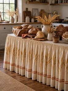 1pc Farmhouse Style Autumn Table Skirt, Gold Wheat Ear Striped Vintage Print Pleated Tablecloth, Hook And Loop Anti-Wrinkle Washable, Suitable For Thanksgiving Harvest Party, Autumn Wedding Buffet, Catering Event Table Decoration - Multicolor - View 13