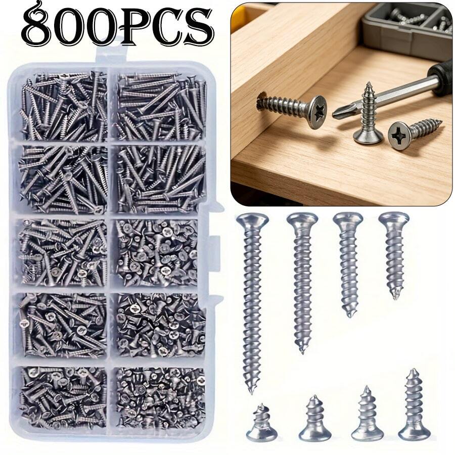 800pcs Self Tapping Screw Hybrid Set With Storage Box, M2 Cross Flat Head Metal Woodworking Screws, Easy To Secure Fastening Kit
