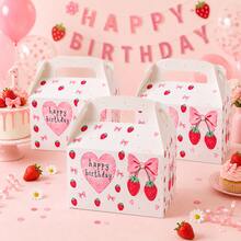 4PCS Strawberry Birthday Party Favor Boxes With Handle, Pink Bow & Heart Paper Gift Boxes, Cute Berry Theme Party Packaging Boxes For Birthday Party Supplies - View 1