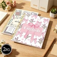 DANPERJI 2pcs A5 Spiral Bound Student Subject Notebooks, English & Math Themed Covers, Romantic Pink Bow & Floral With Math Stationery Illustrations, Back To School Supplies, Cute Sweet Style, School Practice & Note-Taking - 2-piece Set - View 4